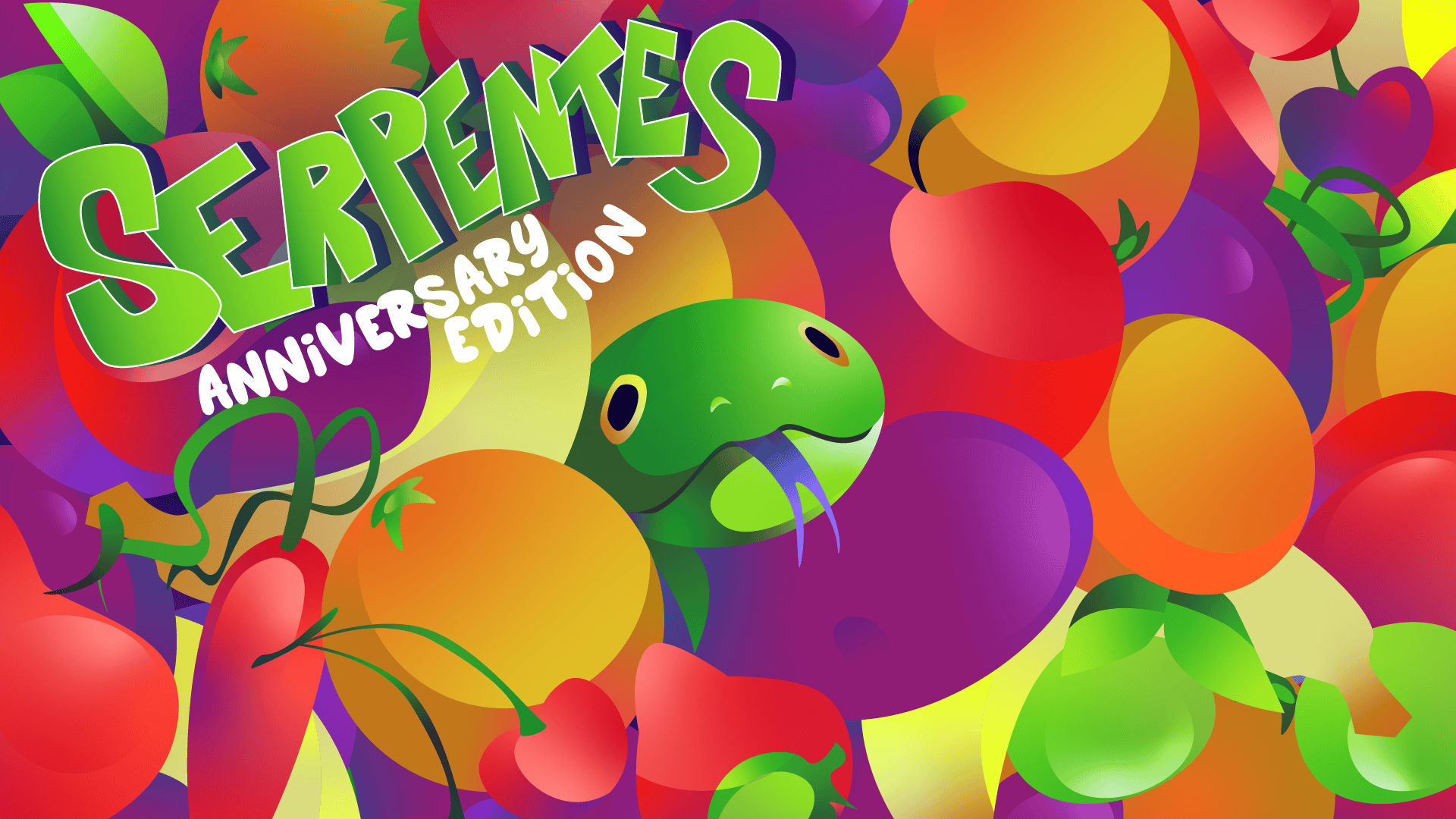 A colorful background with a snake and a bunch of fruit.